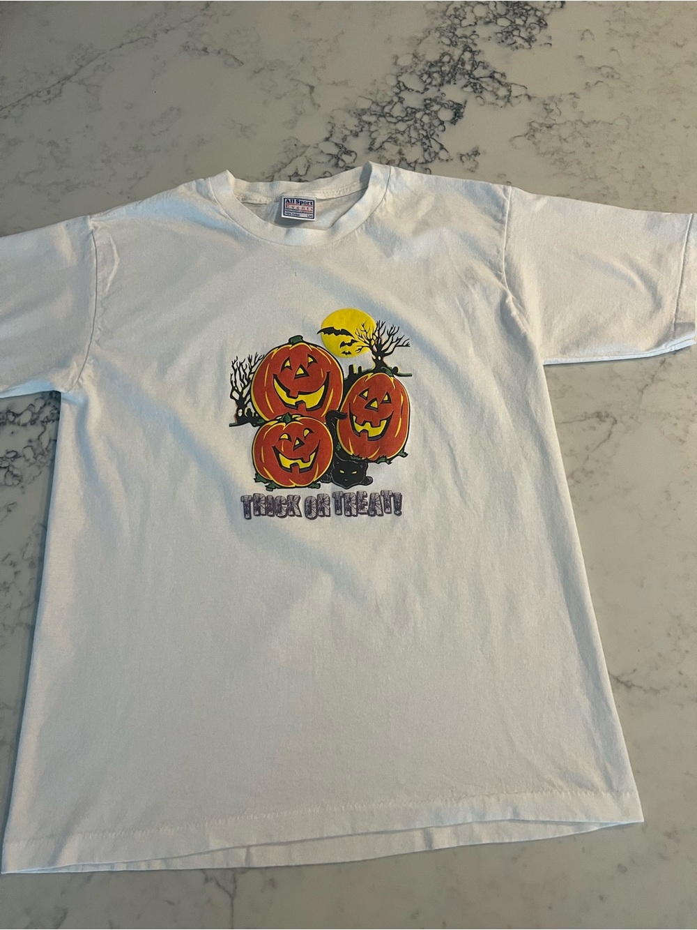 Vintage 90s Halloween T Shirt Large Jack O Lantern Pumpkin Black Cat Trick Treat